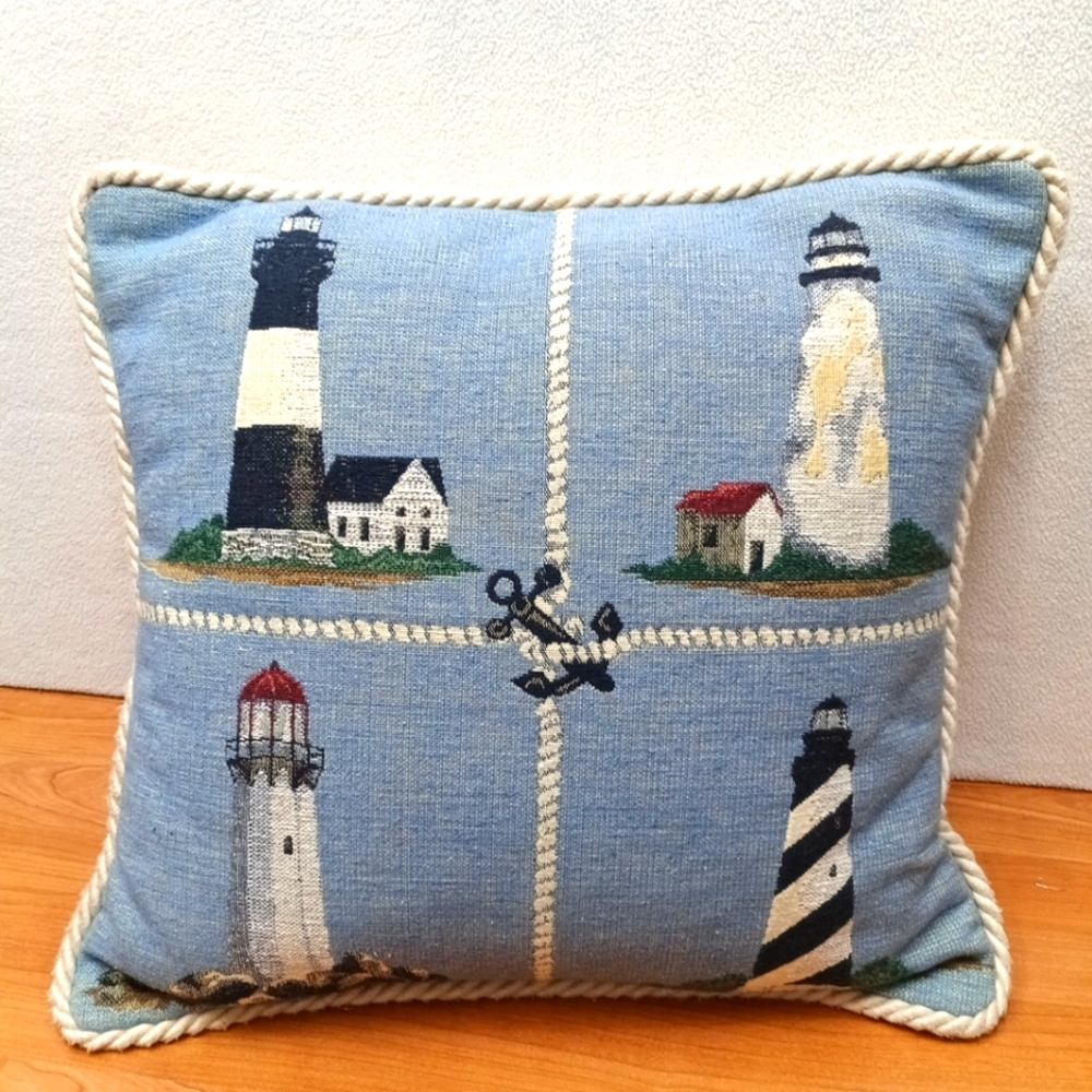 Lighthouse Tapestry Pillow Square Riverdale Light House Anchor 16x16 Used